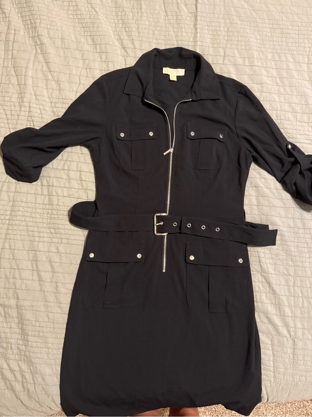 Michael Kors Black Zip-Front Belted Midi Dress